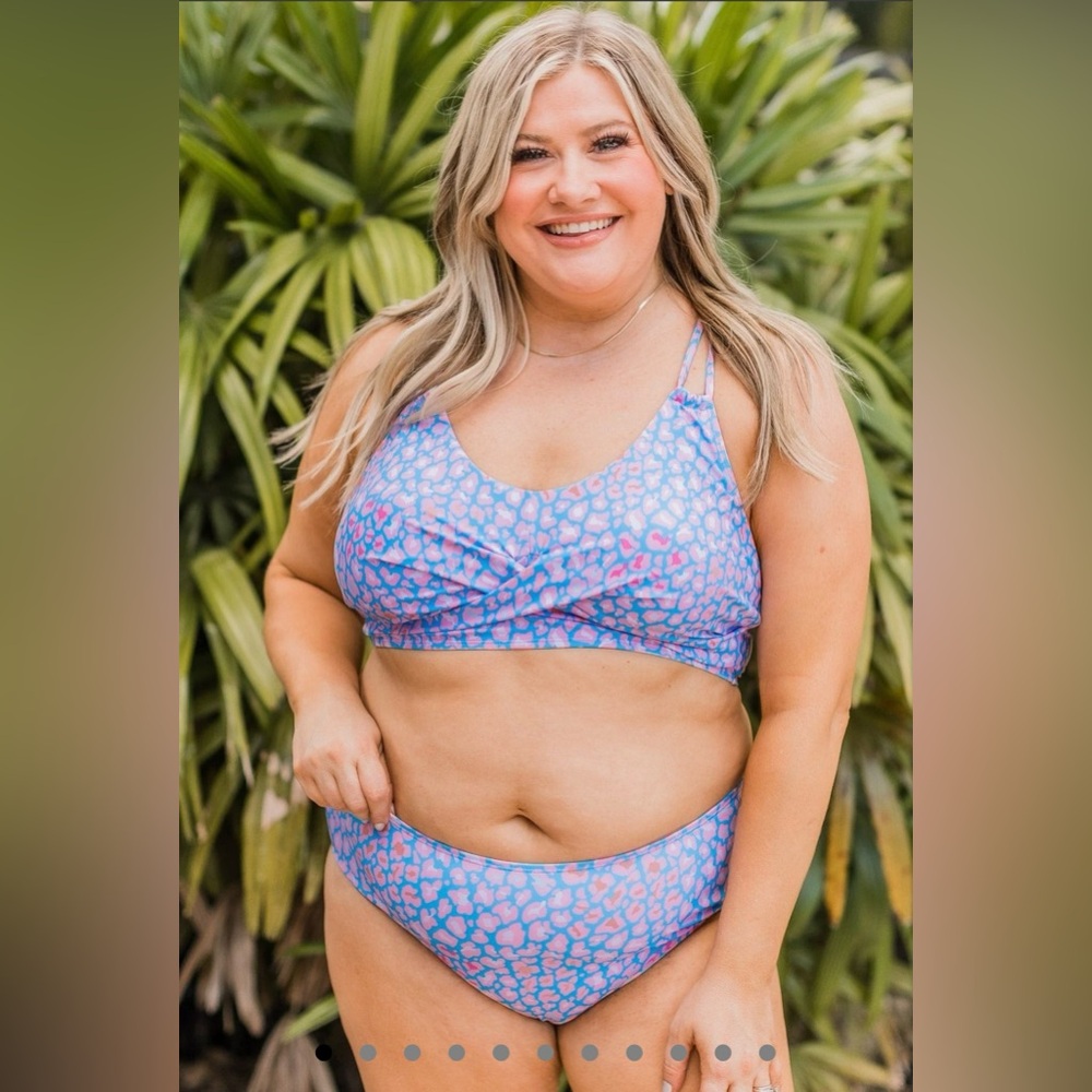 Mack & Mal Sweet Sunshine Criss-Cross Bikini Top Mid Rise Bottoms Pastel Leopard